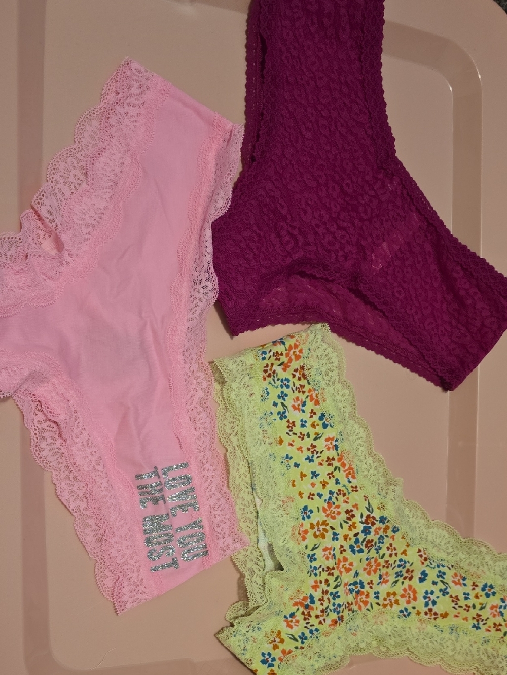 PINK Victoria's Secret Lace Trim Panty Set - Light Pink, Magenta & Lime Floral